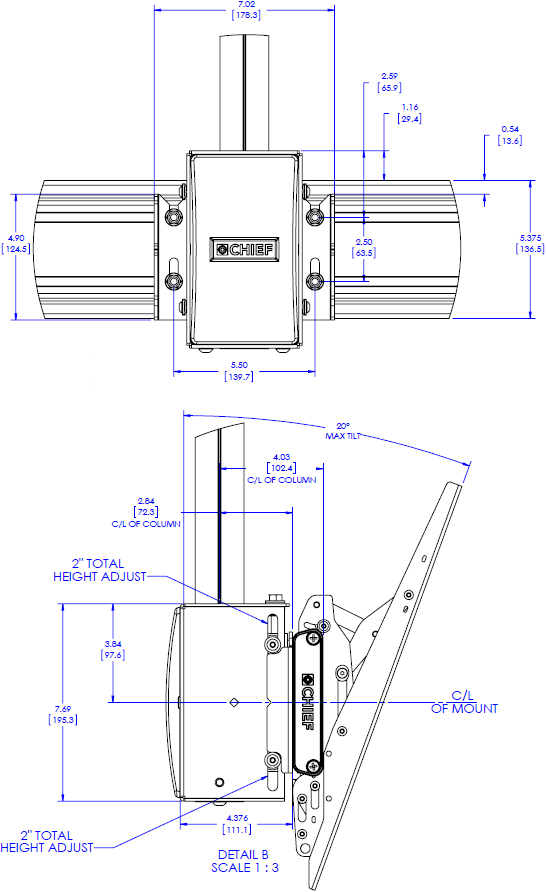 Technical Drawing for Chief LCM3X1U FUSION Large Ceiling Mounted 3x1 Menu Board