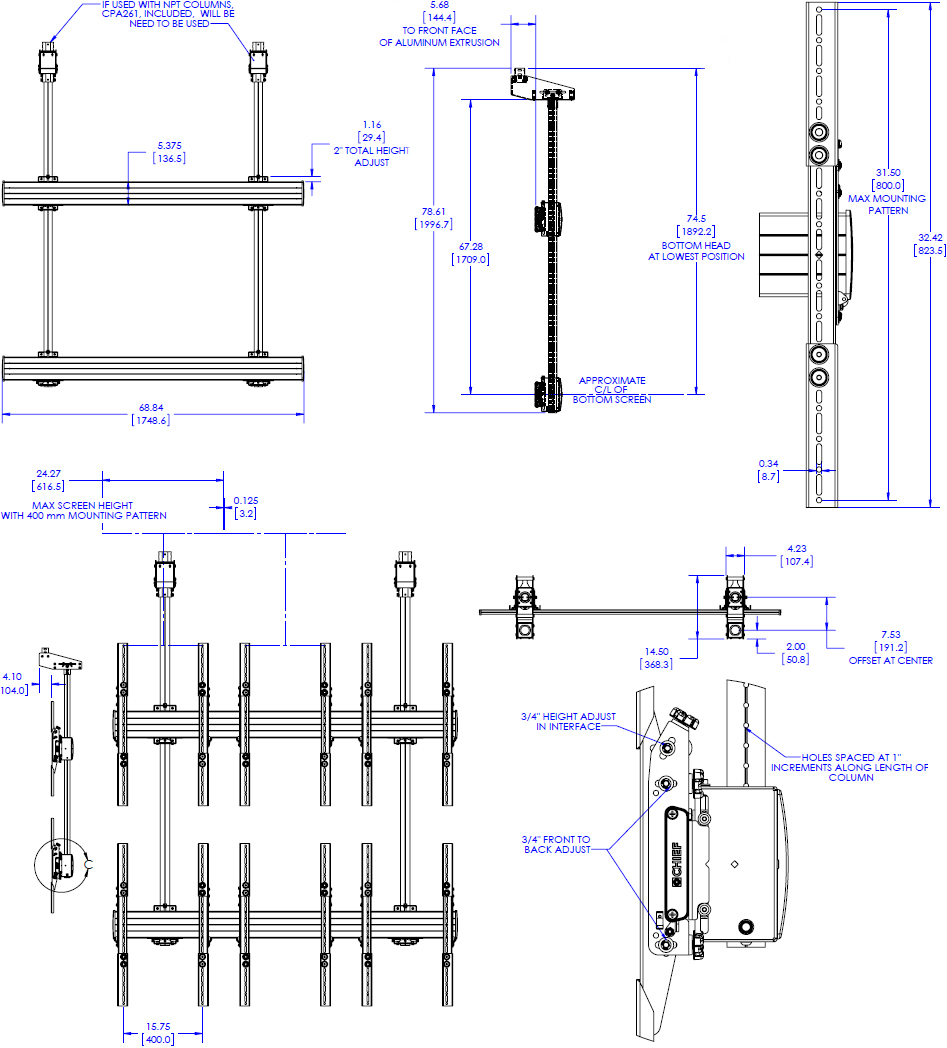 Technical Drawing for Chief LCM3x2UP Portrait Large Ceiling Mounted 3x2 Video Wall