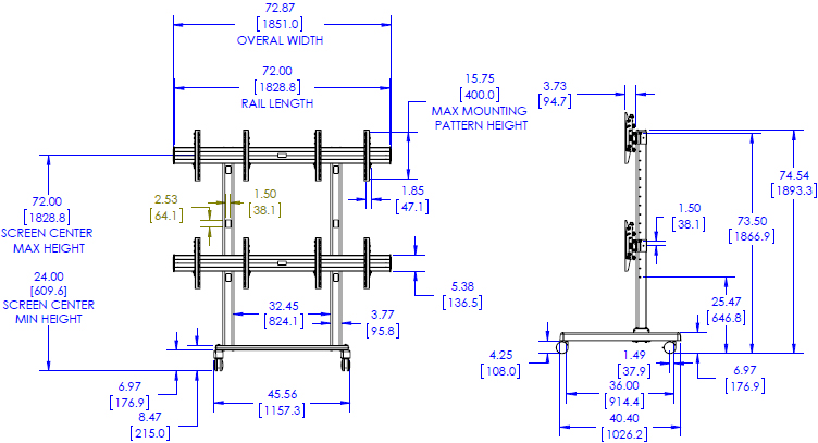 Technical Drawing for Chief LVM2X2U FUSION 2x2 Large Freestanding Video Wall Cart