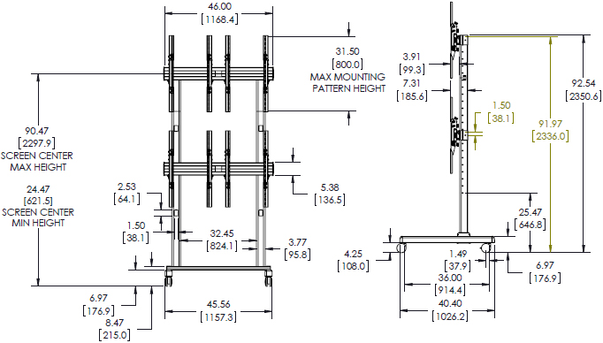 Technical Drawing for Chief LVM2X2UP FUSION 2x2 Portrait Freestanding Video Wall Cart