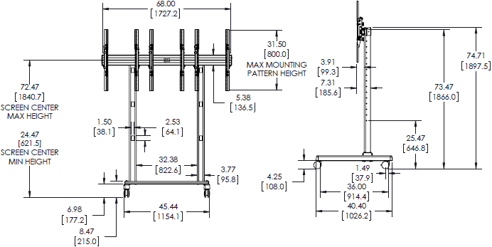 Technical Drawing for Chief LVM3X1UP FUSION 3x1 Portrait Large Freestanding Video Wall Cart