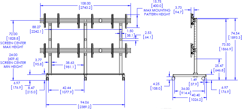 Technical Drawing for Chief LVM3X2U FUSION 3x2 Micro Adjustable Large Video Wall Cart