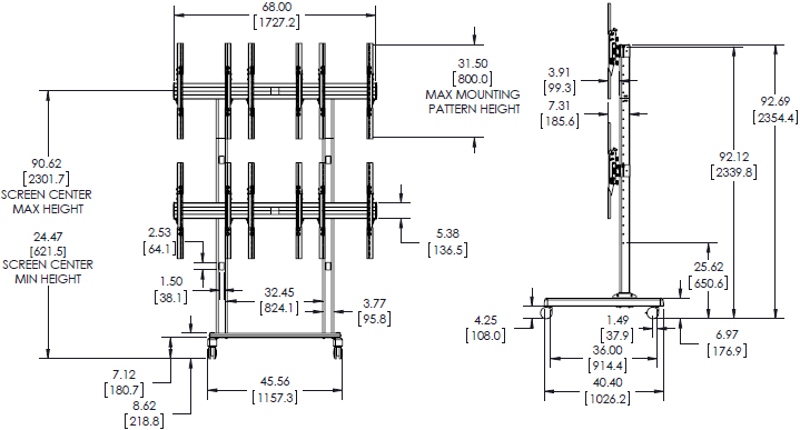 Technical Drawing for Chief LVM3X2UP FUSION 3x2 Portrait Freestanding Video Wall Cart