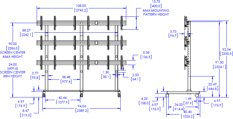 Technical Drawing for Chief LVM3X3U FUSION 3x3 Micro Adjustable Large Video Wall Cart