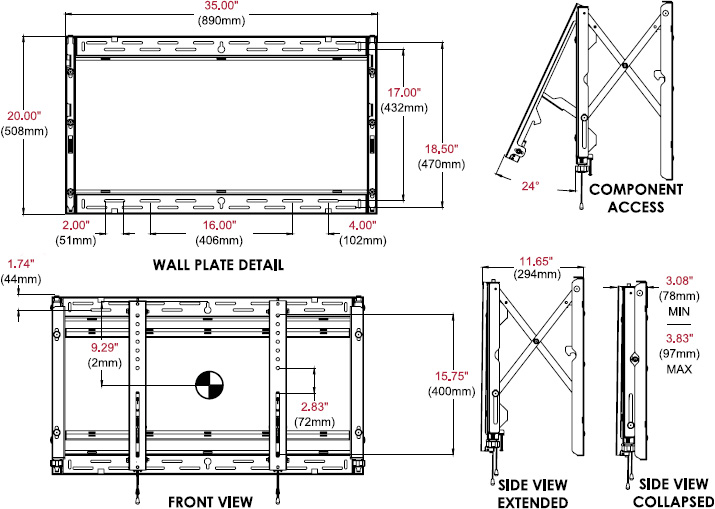 Technical drawing for Peerless DS-VW765-LAND Full-Service Video Wall Mount - Landscape