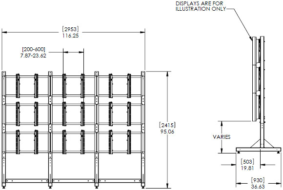 Technical Drawing for Premier MVWS-3x3-46 Modular 3x3 Video Wall Stand for 46" Diaplay