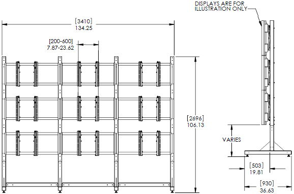 Technical Drawing for Premier MVWS-3x3-55 Modular 3x3 Video Wall Stand