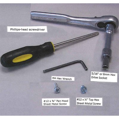 Verify that you have all the hardware needed for the assembly: 1. Phillips Head Screwdriver, 2. M4 Hex Wrench, 3. #12 x 3/4