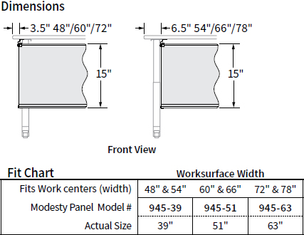 Technical Drawing for Workrite 945-39 or 945-51 or 945-63 Fabric Modesty Screen