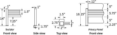 Technical drawing for Workrite 981 Series Privacy Panel and 980 series Tool Bar