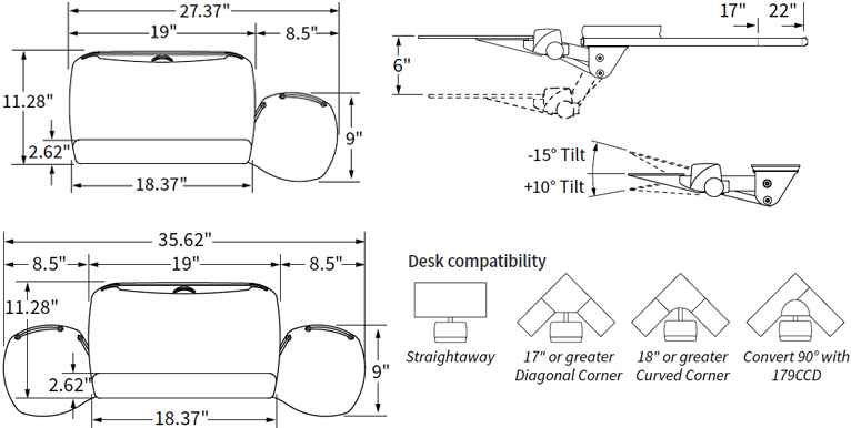 Technical Drawing for Workrite Advantage Single or Dual Keyboard Tray System