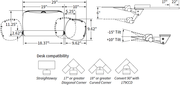 Technical Drawing for Workrite Revo Keyboard Tray System