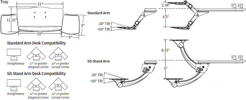 Technical Drawing for Workrite LEADER1 Standard or LSS1 Sit-Stand Keyboard Tray System