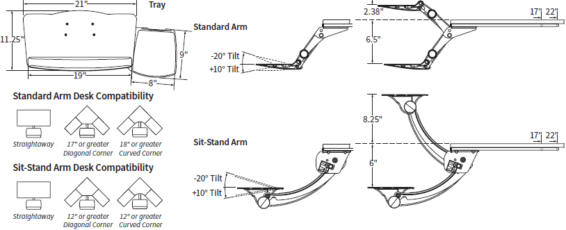Technical Drawing for Workrite LEADER2 Standard or LSS2 Sit-Stand Keyboard Tray System