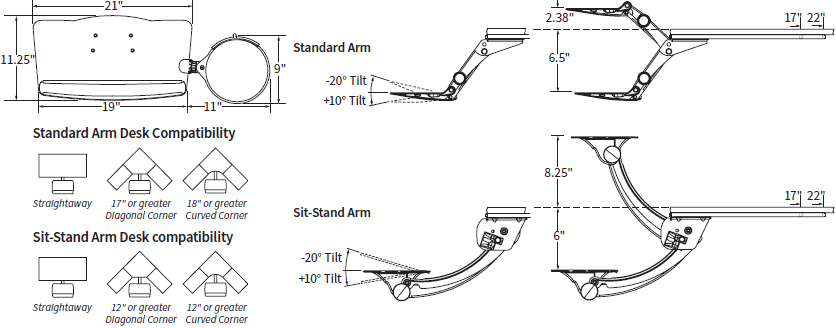 Technical Drawing for Workrite LEADER5 Standard or LSS5 Sit-Stand Keyboard Tray System