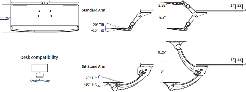 Technical Drawing for Workrite LEADER6 Standard or LSS6 Sit-Stand Keyboard Tray System