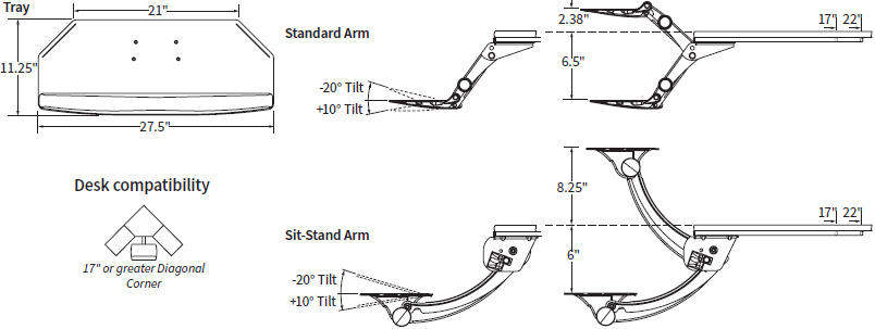 Technical Drawing for Workrite LEADER8 Standard or LSS8 Sit-Stand Keyboard Tray System