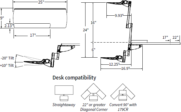 Technical Drawing for Workrite 2472 S2S Compact Height Adjustable Keyboard Platform