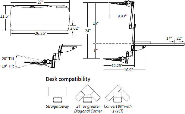 Technical Drawing for Workrite 2485 S2S Ultrathin Height Adjustable Keyboard Platform