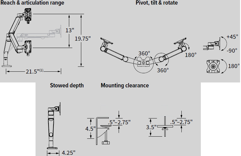 Technical Drawing for Workrite Conform LT Dual Monitor Arm (1-14 lbs monitors)