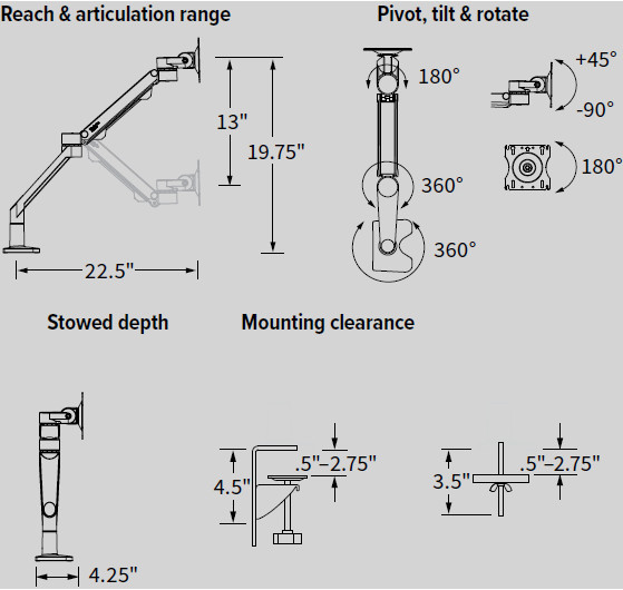 Technical Drawing for Workrite Conform LT Single Monitor Arm for Lightweight Monitors (1-14 lbs)