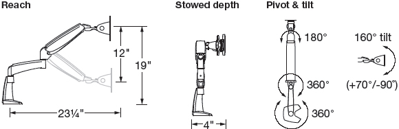 Technical Drawing for Workrite PA3000 Poise Heavy Duty Flat Panel Display LCD Monitor LED Arm