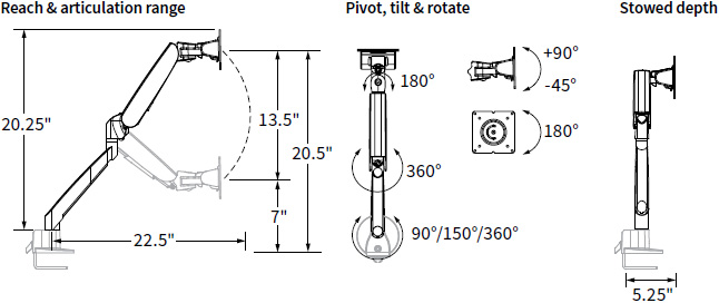 Technical drawing for Workrite CONF-1HDA-WOB-S Conform Heavy Duty Articulating Arm