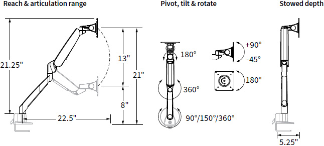 Technical drawing for Workrite CONF-1SDA-WOB-S Conform Articulating Monitor Arm