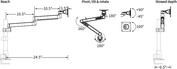 Technical drawing for Workrite CONF-1SDS-WOPB-S Conform Single Static Monitor Arm