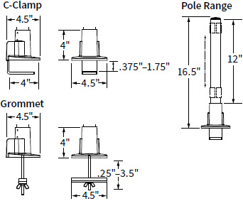 Technical drawing for Workrite CONF-PB-14CCG-S Conform 14" Pole, C-Clamp & Grommet Base