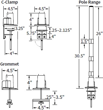 Technical drawing for Workrite CONF-PB-28HDCCG-S 28" Pole, HD C-Clamp & Grommet Base