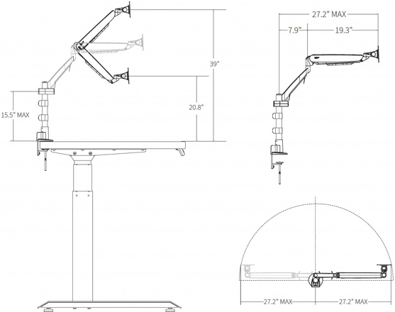 Technical Drawing for Workrite CONF-STS-WOPB-S Conform Sit to Stand Monitor Arm