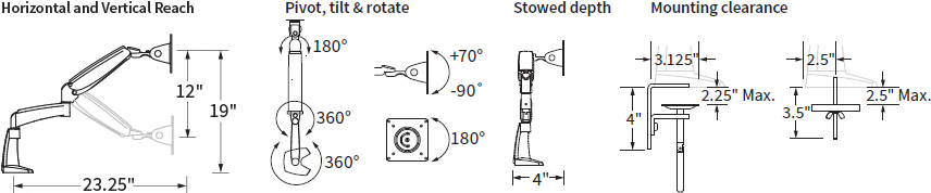 Technical drawing for Workrite PA1000 Smooth and Versatile Poise Single Monitor Arm