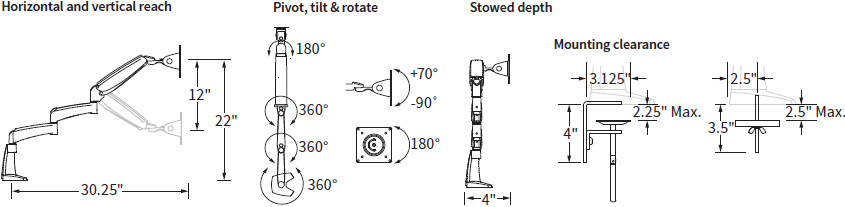 Technical drawing for Workrite PA1500-DB Poise Extended Flat Panel Monitor Arm