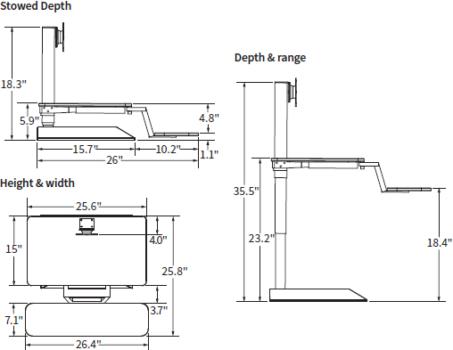 Technical Drawing for Workrite SOL-E-DT-B Solace Electric Standing Desk Converter