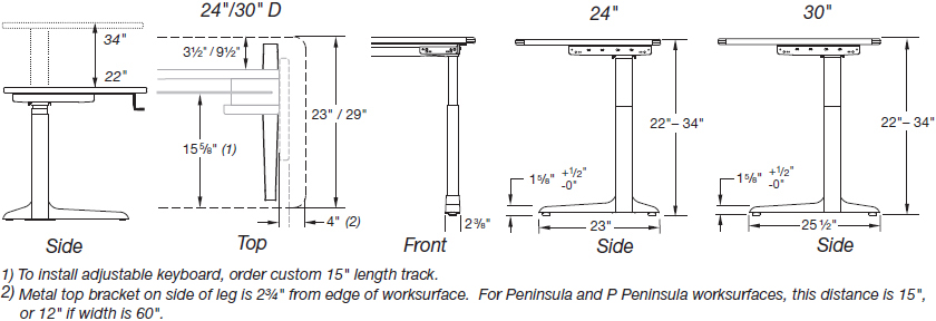 Workrite Sierra HX Crank Specifications of height range, base and leg dimensions