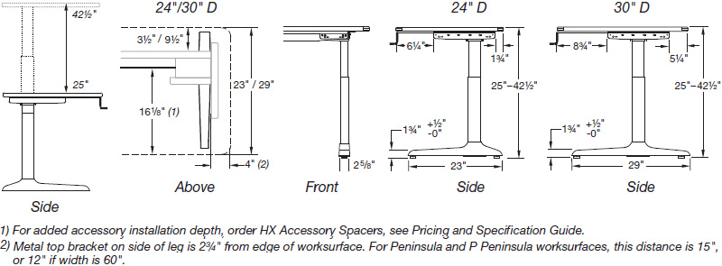 Workrite Sierra HXL Crank Table - Height range, base and leg dimensions