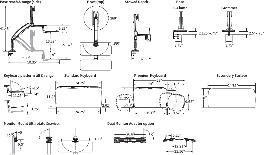 Technical Drawing for Workrite Solace 2 Single or Dual Monitor Sit-Stand Workstation