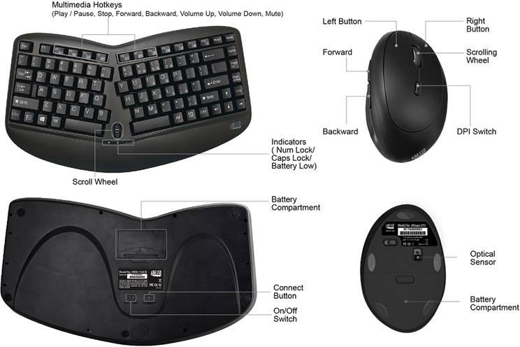 Adesso WKB-1150CB Tru-Form Wireless Ergo Mini Keyboard & Mouse