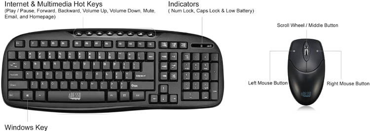 Adesso WKB-1330CB Wireless Desktop Multimedia Keyboard and Mouse