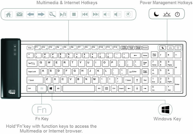 Adesso WKB-2200UB SlimTouch Wireless Waterproof Antimicrobial Compact Keyboard