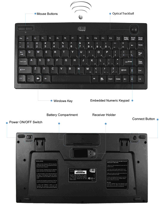 Adesso WKB-3100UB EasyTrack 3100 Wireless Mini Trackball Keyboard