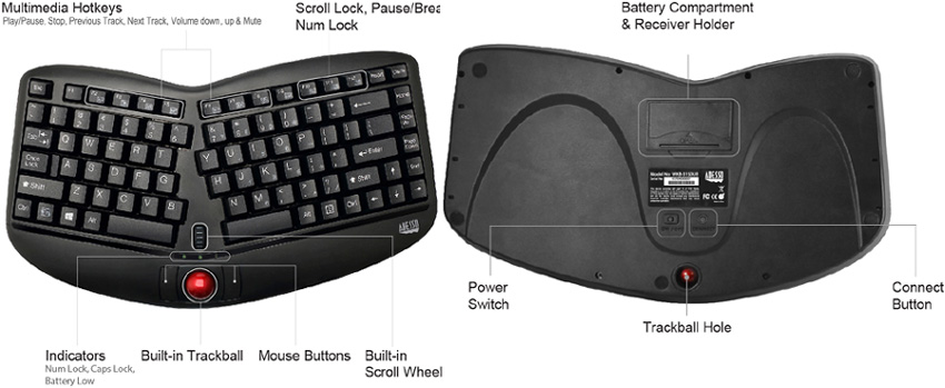 Adesso WKB-3150UB Tru-Form Media Wireless Ergo Mini Trackball Keyboard