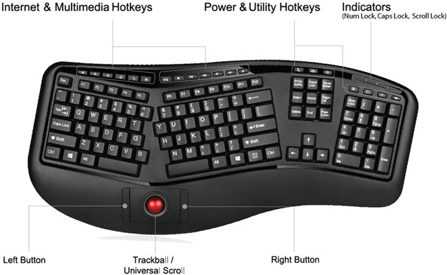 Adesso WKB-3500UB Tru-Form Wireless Ergonomic Trackball Keyboard