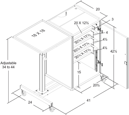Dimensional Diagram for Balt 89821 Role Model Audio Visual Cart