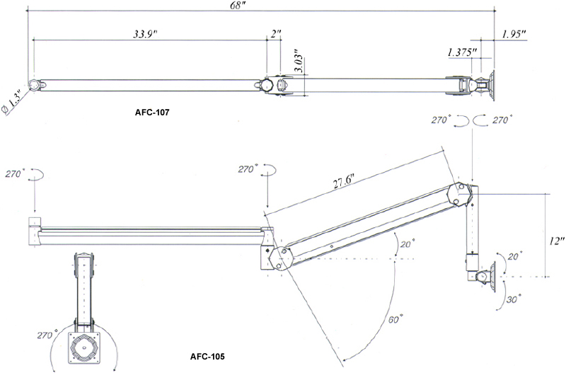 Technical Drawing for AFC LCD Ceiling Mount AFC-107 and LCD Wall Mount AFC-105