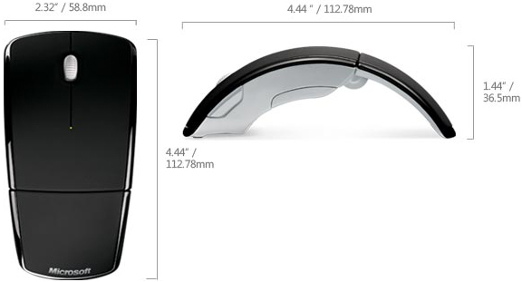 Technical Drawing of Microsoft Arc Wireless Comfortable Mouse