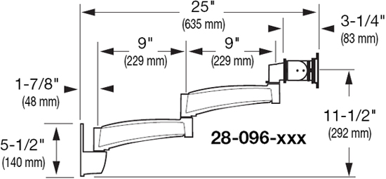 Dimensional Diagram for 200 Series Wall Mount Arm