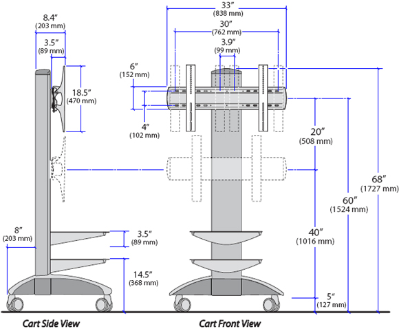 Dimensional Diagram for Ergotron LX Large Display Cart