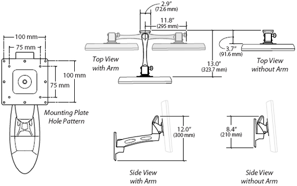 Dimensional Diagram for Ergotron Neo-Flex HD Wall Mount